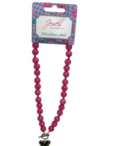 500J73 Ketting kralen met hart fuchsia - stainless steel