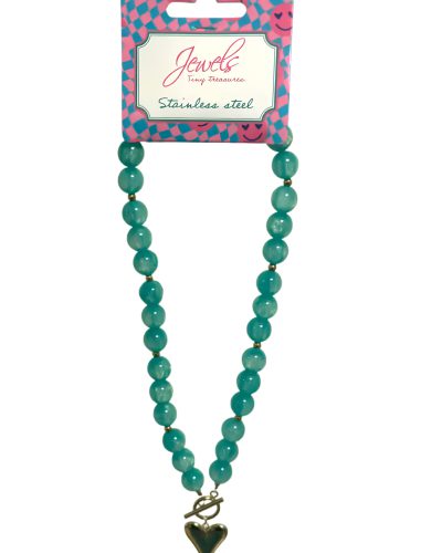 500J74 Ketting kralen met hart in het blauw - stainless steel